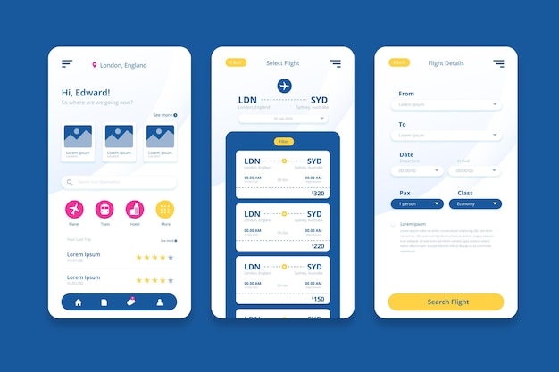 Free vector travel booking app screens