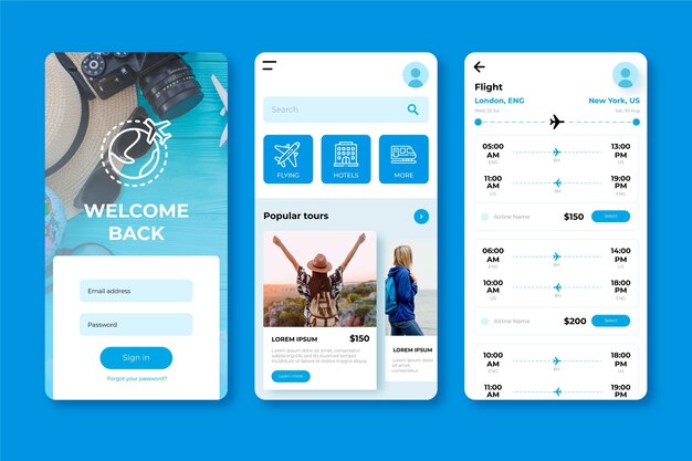 Travel booking app screens