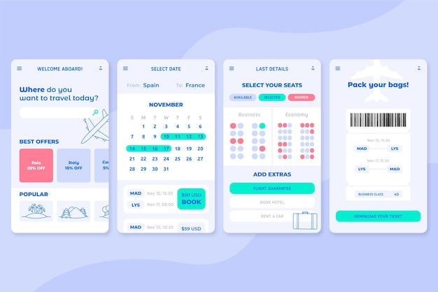 Free vector travel booking app screens