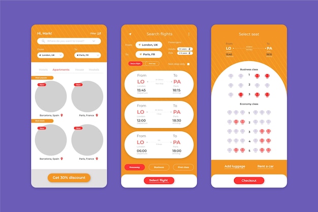 Travel booking app screens