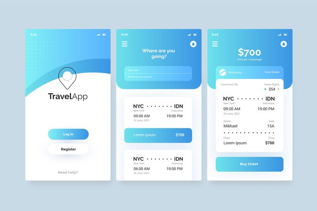 Travel booking app screens