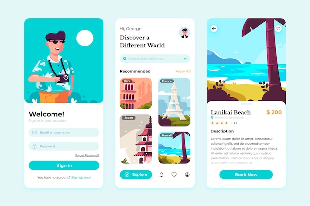 Free vector travel booking app screens