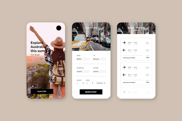 Vettore gratuito app di prenotazione viaggi con donna turistica