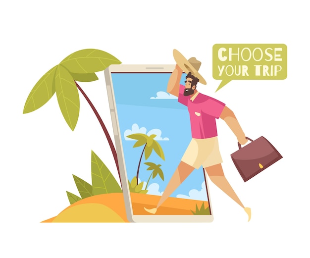 Бронирование путешествия в композиции мобильного приложения с мультипликационным персонажем, отправляющимся в отпуск с иллюстрацией сумки