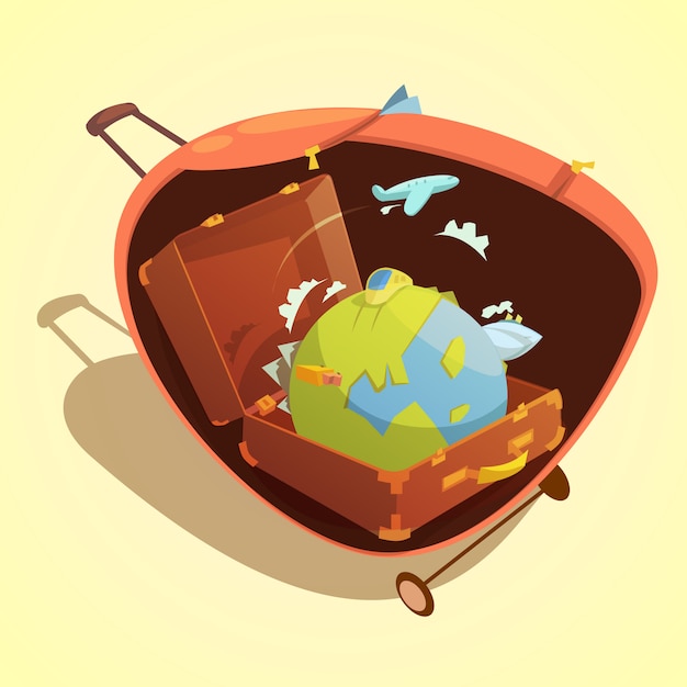 Free vector travel cartoon concept with globe in a suitcase on yellow background vector illustration