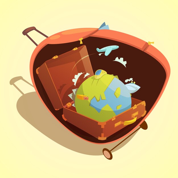 黄色の背景のベクトル図のスーツケースに世界中の旅行漫画コンセプト