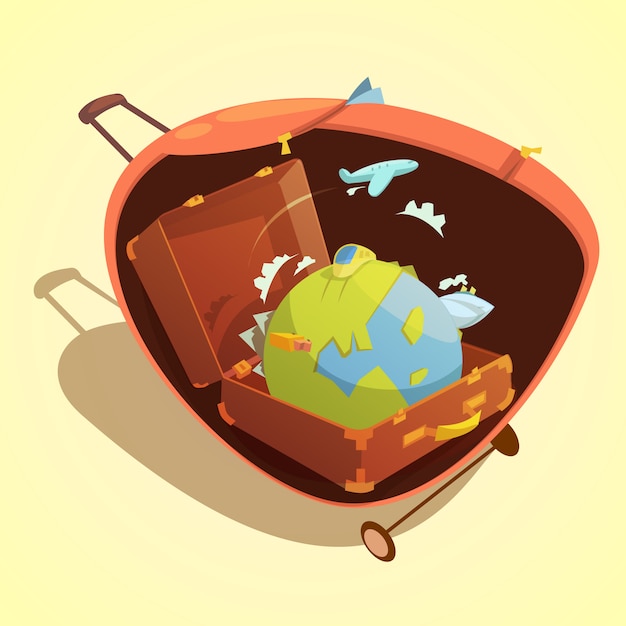 Travel cartoon concept with globe in a suitcase on yellow background vector illustration 