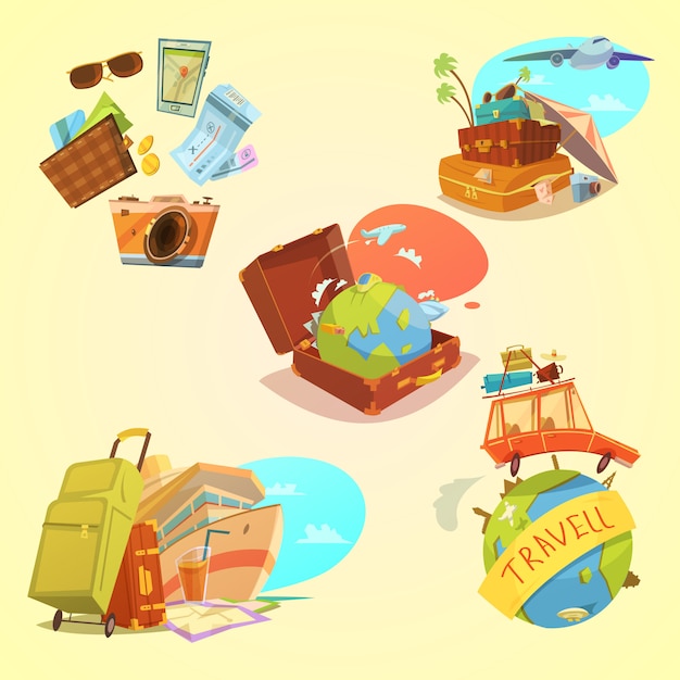 Free vector travel cartoon set with map luggage and transport symbols on yellow background