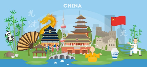 중국 여행 광고 삽화 중국의 모든 랜드마크와 문화적 상징