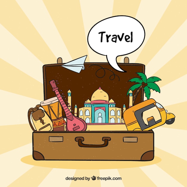 Free vector travel concept of landmarks and suitcase