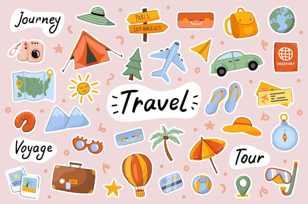 Travel cute stickers template scrapbooking elements set