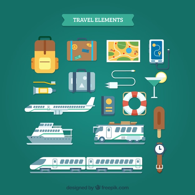 Collezione di elementi da viaggio con design piatto