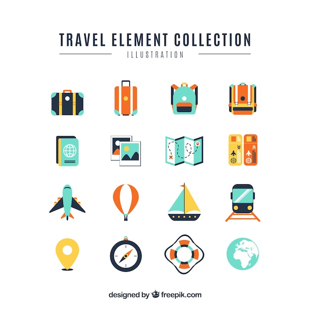 Travel elements collection in flat style