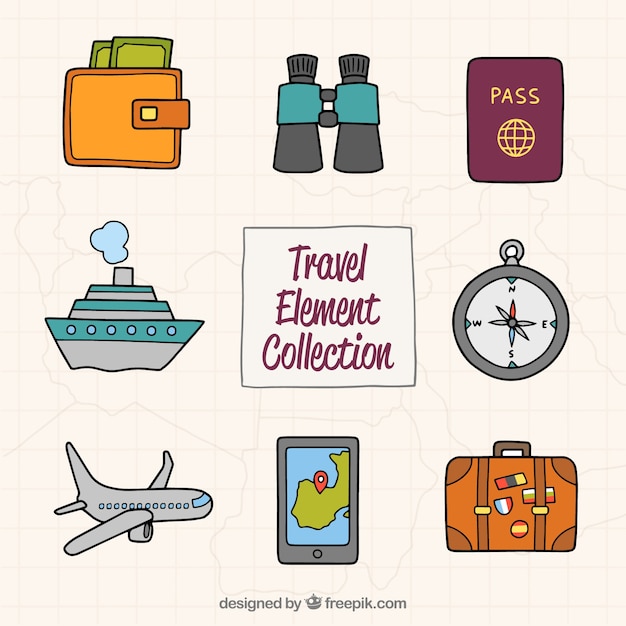 Free vector travel elements collection in hand drawn style