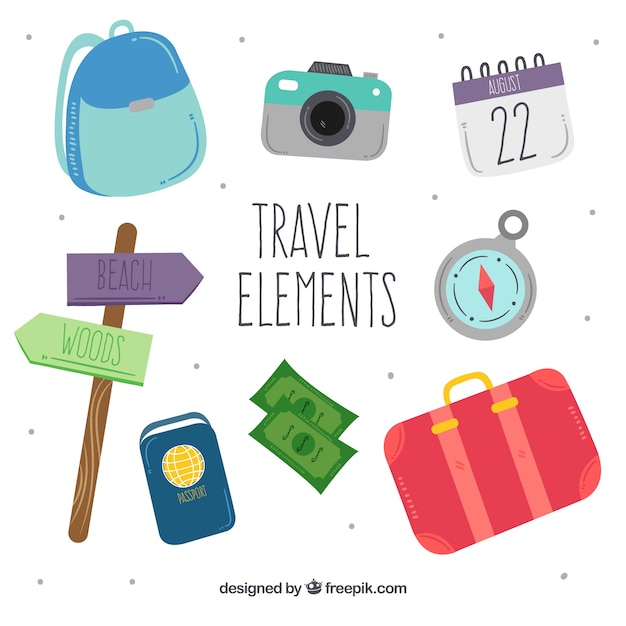 Free vector travel elements collection in hand drawn style