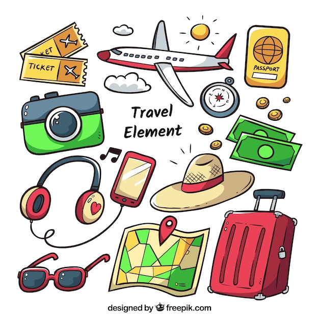 Free vector travel elements collection in hand drawn style