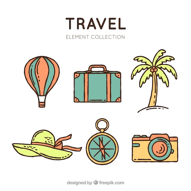 Free vector travel elements collection in hand drawn style