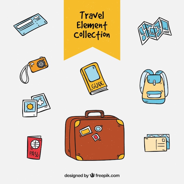 Free vector travel elements collection in hand drawn style
