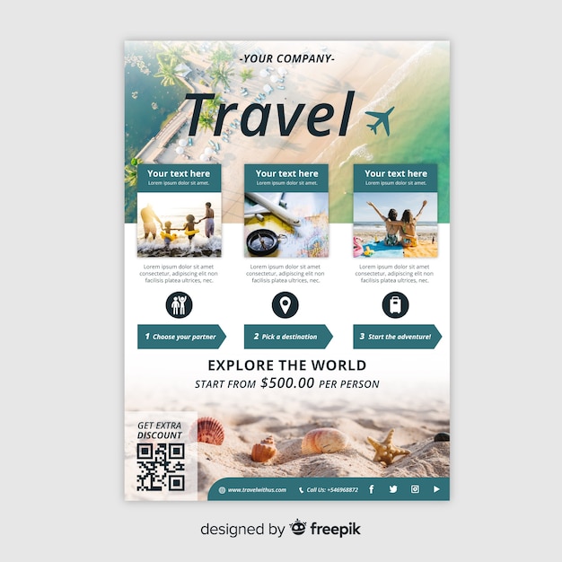 Free vector travel flyer template with photo