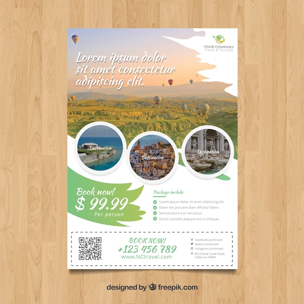 Free vector travel flyer with photo of destinations