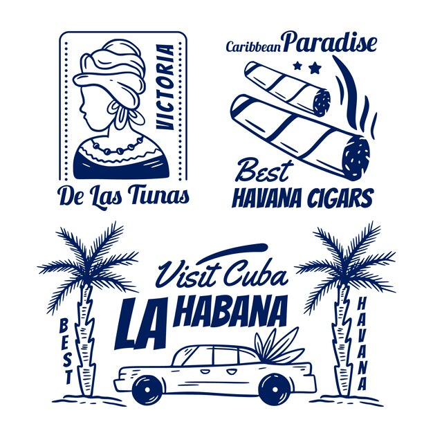 Travel hand drawn cuban stamps