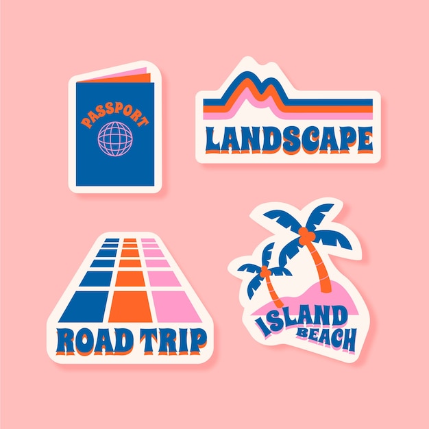 Travel/holidays sticker set in 70s style