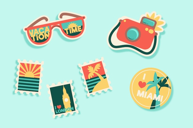 Free vector travel/holidays sticker set in 70s style