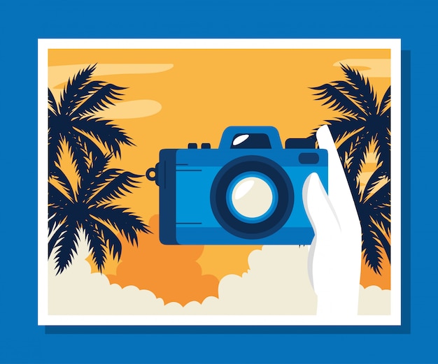 Free vector travel illustration with camera and palms tree