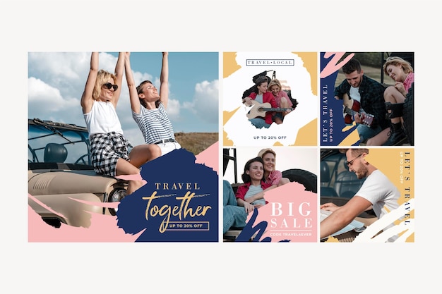 Free vector travel instagram post collection with brush strokes