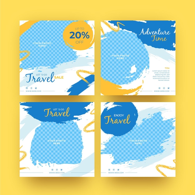 Free vector travel instagram post collection with brush strokes