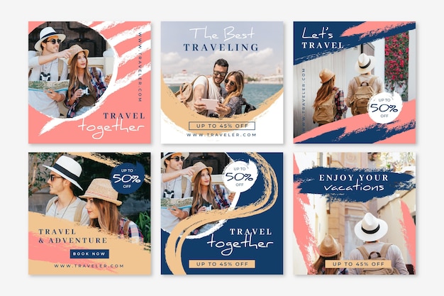Travel instagram post collection with brush strokes