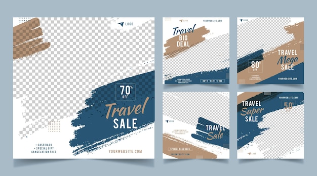 Travel instagram posts with brush strokes Free Vector