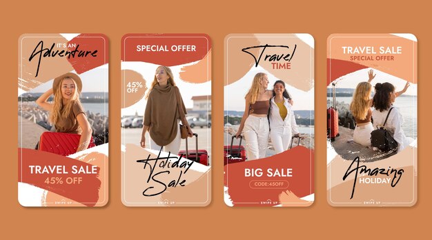 Free vector travel instagram story collection with brush strokes