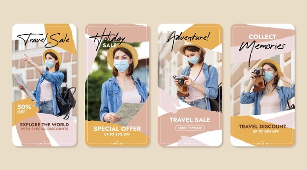 Free vector travel instagram story collection with brush strokes