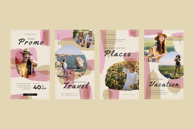 Free vector travel instagram story collection with brush strokes