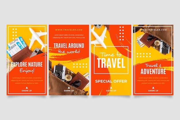 Free vector travel instagram story collection with brush strokes