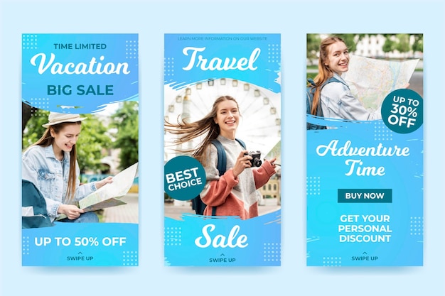Free vector travel instagram story collection with brush strokes