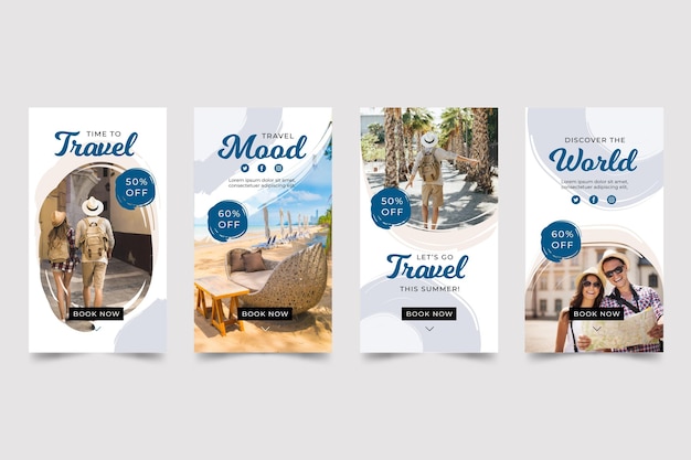 Free vector travel instagram story pack with brush strokes