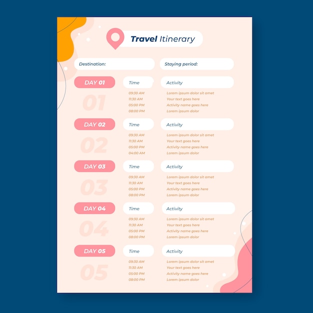 旅行日程表のデザイン テンプレート