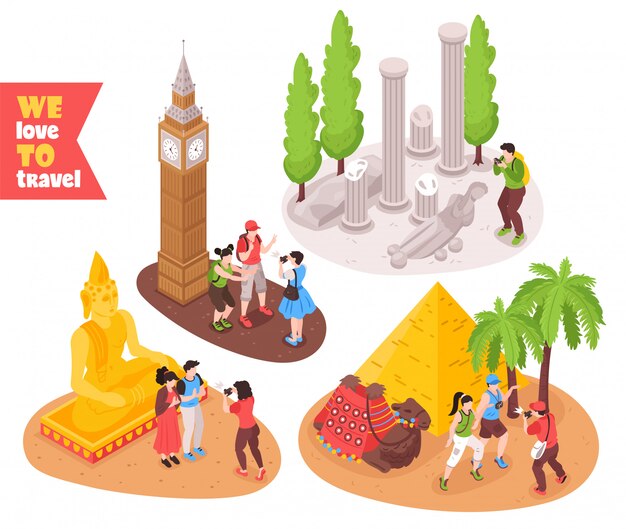 이집트 피라미드 런던 빅 벤 로마를 방문하는 관광객과 여행 여행 개념 4 아이소 메트릭 구성