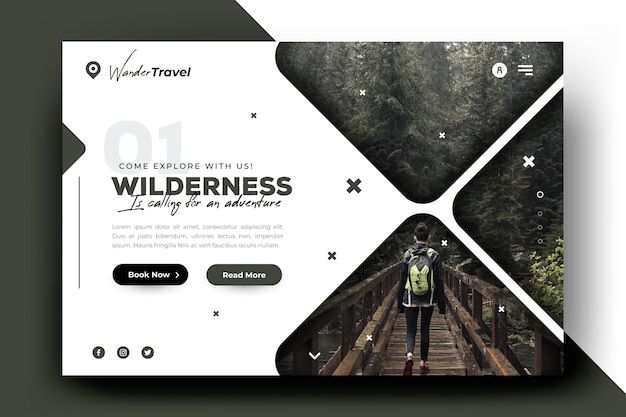 Free vector travel landing page template with photo