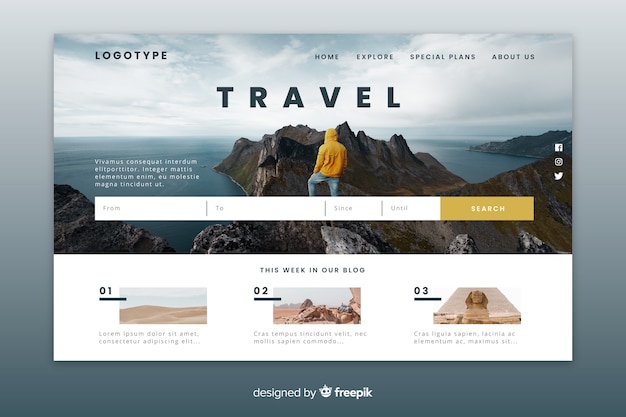 Free vector travel landing page with photo