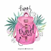 Free vector travel lettering with watercolor pink backpack