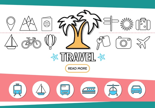 Travel line icons set with palm tree transport navigation pin mountains passport signboard sun