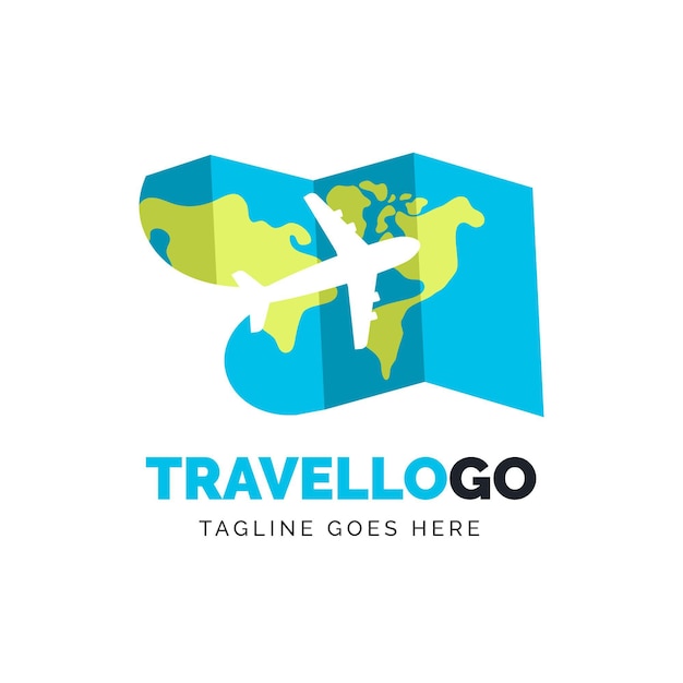 Modello di logo di viaggio con mappa e aereo
