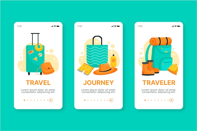 Concetto di schermo dell'app onboarding di viaggio