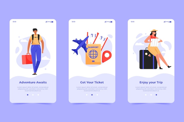 Vettore gratuito concetto di schermo dell'app onboarding di viaggio