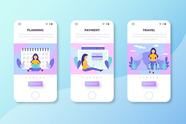 Travel onboarding app screens