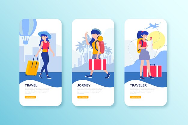 Free vector travel onboarding app screens