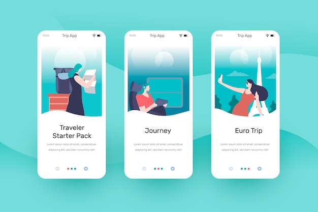 Vettore gratuito schermate dell'app di viaggio integrate